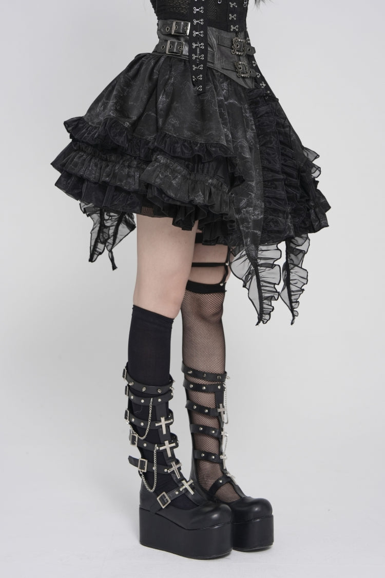 Black Multi-Layered Printed Spliced Lace Lace-Up Buckled Pleated Eyelet Women's Gothic Skirt