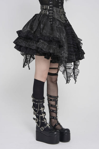 Black Multi-Layered Printed Spliced Lace Lace-Up Buckled Pleated Eyelet Women's Gothic Skirt
