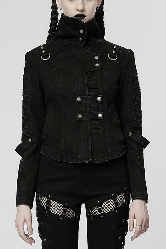 Black Denim Slant Pocket Washed Distressed Stretch Women's Punk Jacket