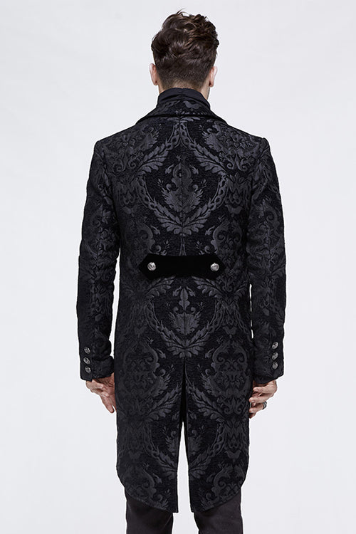 Black Gothic Jacquard Mens Coat With Slit