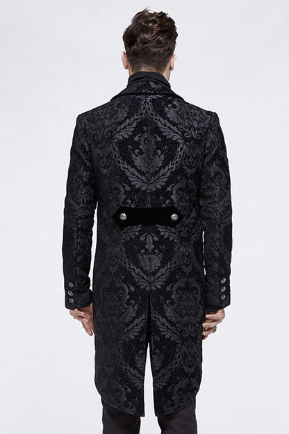 Black Gothic Jacquard Mens Coat With Slit