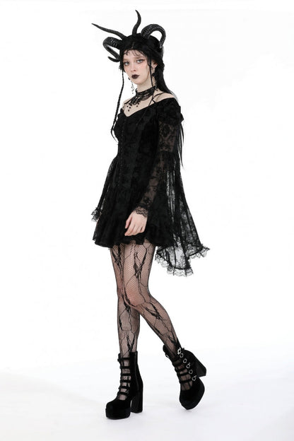 Black Off Shoulder Long Trumpet Sleeves Velvet Spliced Mesh Women's Gothic Graduation Dress