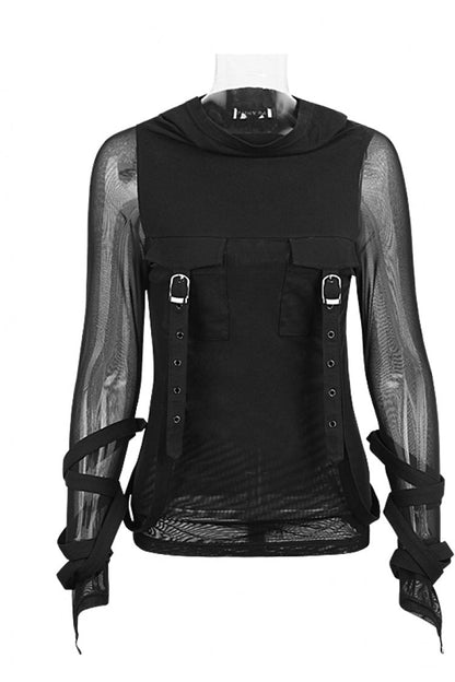 Black Long Sleeves Hooded Sheer Mesh Straps Women's Punk Coat