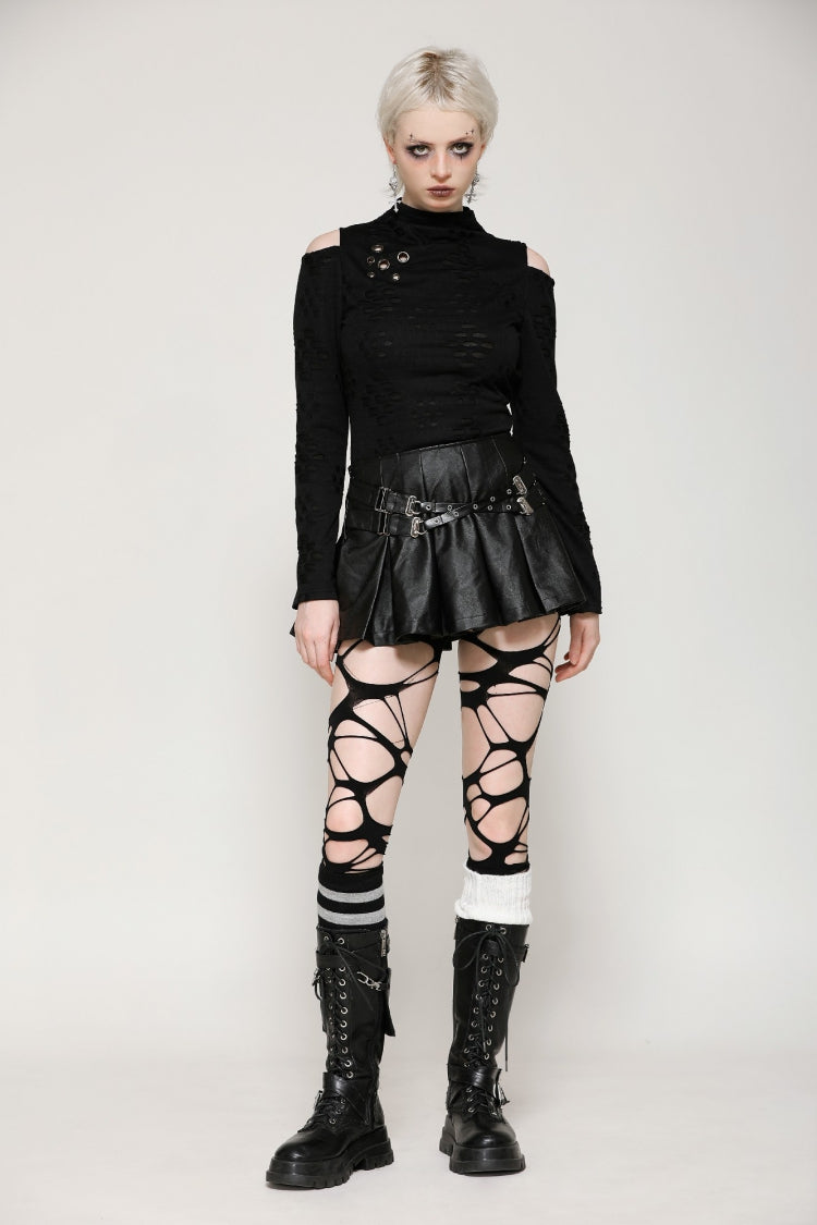 Black Long Sleeves Cut-Out Ripped Zippered Eyelets Women's Punk Distressed Top