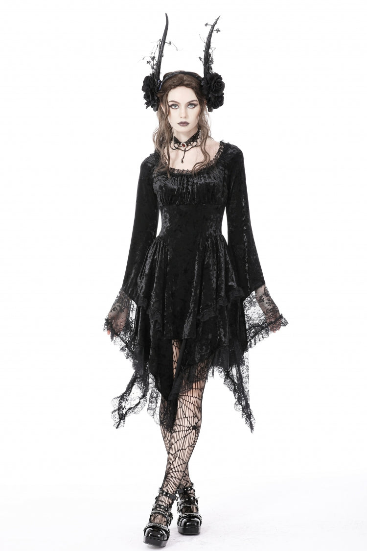 Black Irregular Long Trumpet Sleeves Lace Spliced Women's Gothic Velvet Graduation Dress