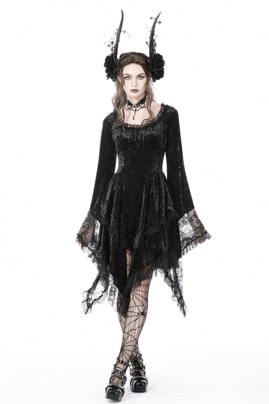 Black Irregular Long Trumpet Sleeves Lace Spliced Women's Gothic Velvet Graduation Dress