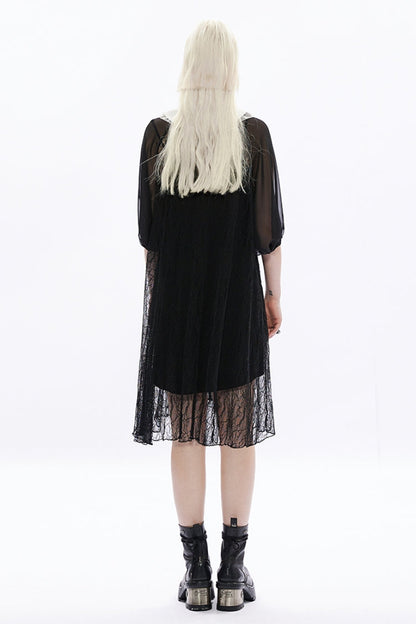 Black Long Puff Sleeves Cross Embroidery Loose Women's Gothic Dress