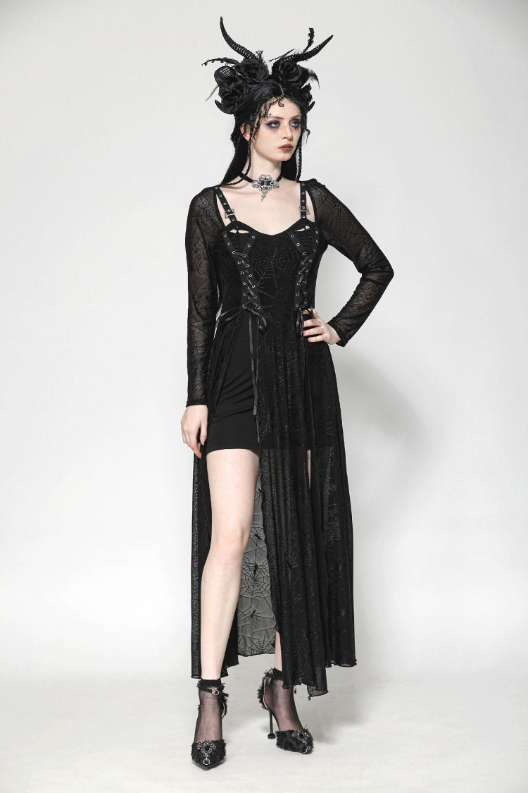 Black Long Sleeves Lace-Up Spiderweb Women's Gothic Elegant Witch Long Dress
