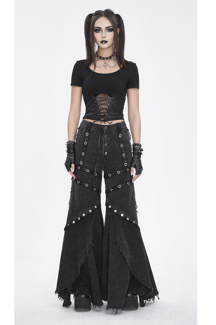 Black Mesh Eyelets Ruffled Flared Womens Punk Pants
