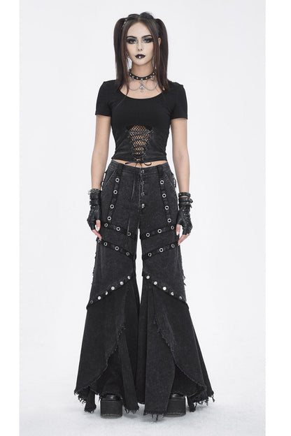 Black Mesh Eyelets Ruffled Flared Womens Punk Pants
