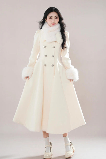 Beige Double-breasted Long Sleeves Removable Fur Collar Sweet Elegant Princess Lolita Coat