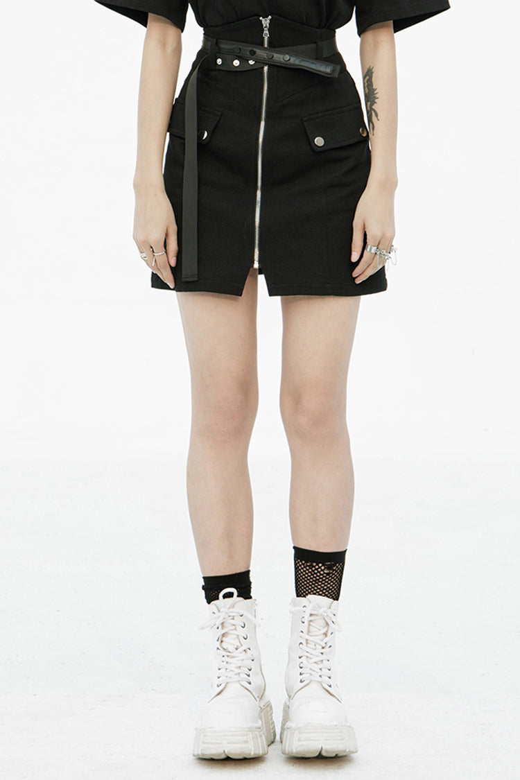 Black High Waist Front Zipper Metal Eyelets Belt Side Pocket Women's Punk Denim Skirt