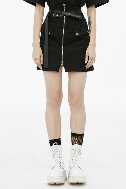 Black High Waist Front Zipper Metal Eyelets Belt Side Pocket Women's Punk Denim Skirt