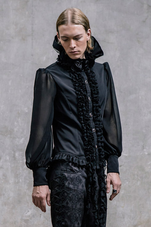 Black High Collar Lace Up Dovetail Hem Mens Gothic Blouse