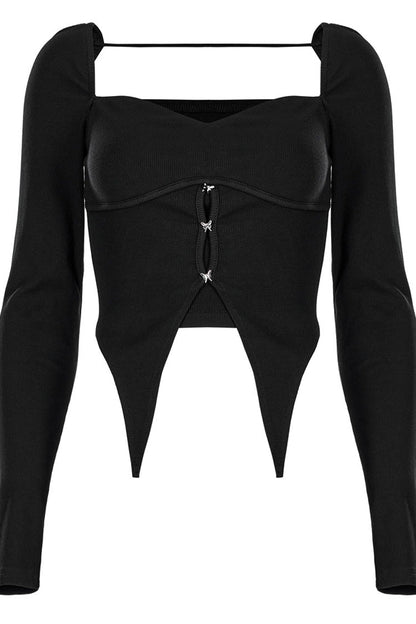 Black Elastic Square Neck Curved Split Butterfly Button Women's Gothic T-Shirt