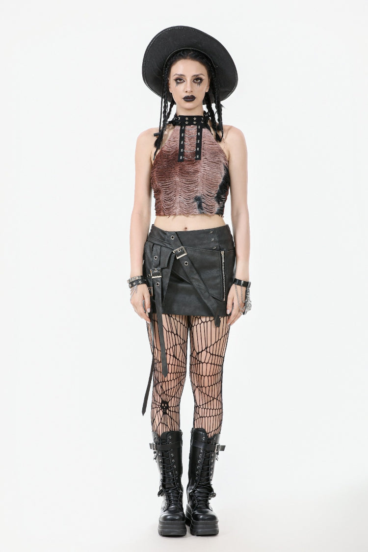 Black Faux Leather Straps Zippered Women's Punk Short Skirt