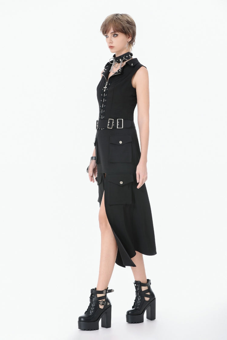 Black Lapel Collar Sleeveless Lace-Up Studded Zippered Eyelet Women's Punk Vest