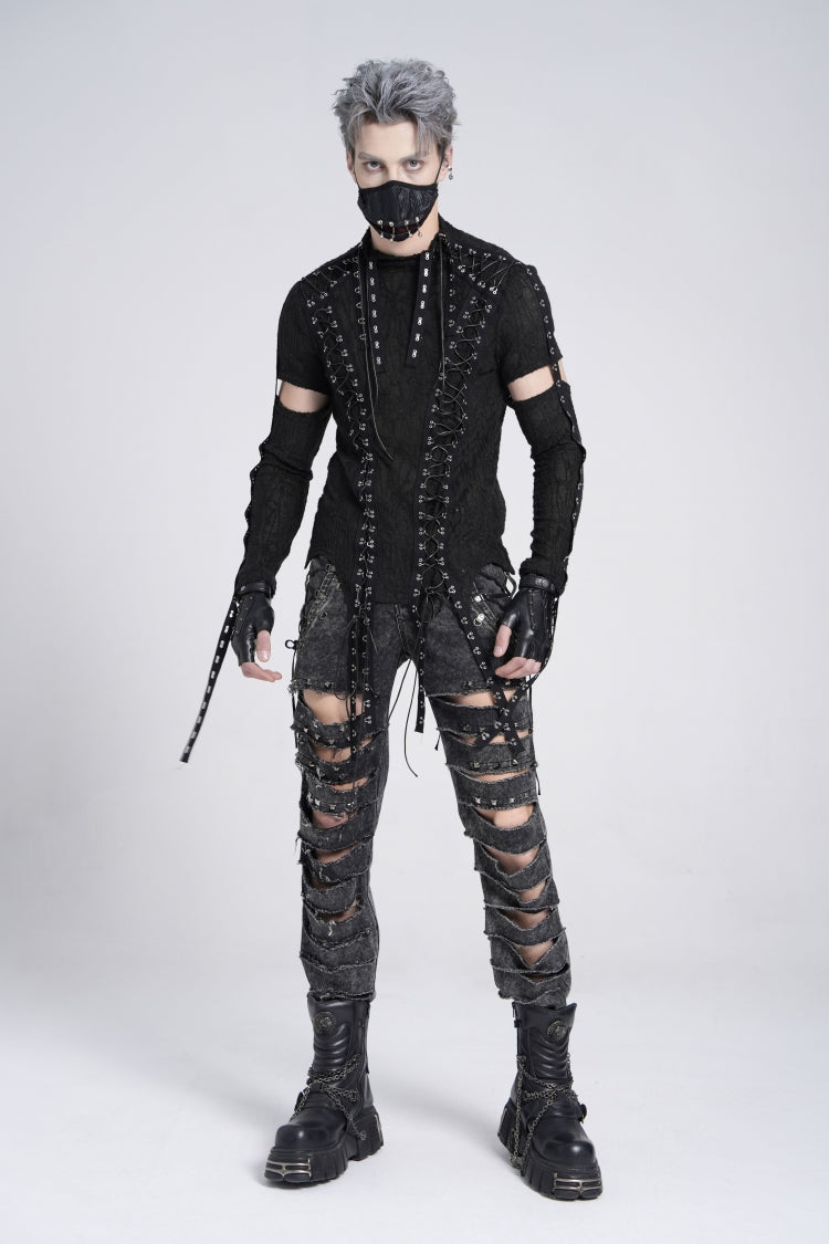 Black Long Sleeves Strap Lace-Up Irregular Mesh Men's Gothic T-Shirt