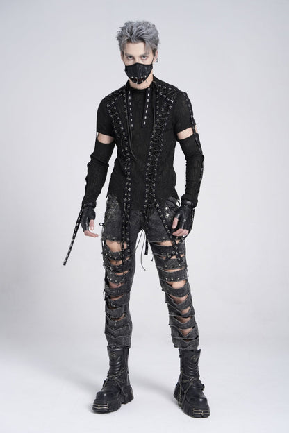 Black Long Sleeves Strap Lace-Up Irregular Mesh Men's Gothic T-Shirt