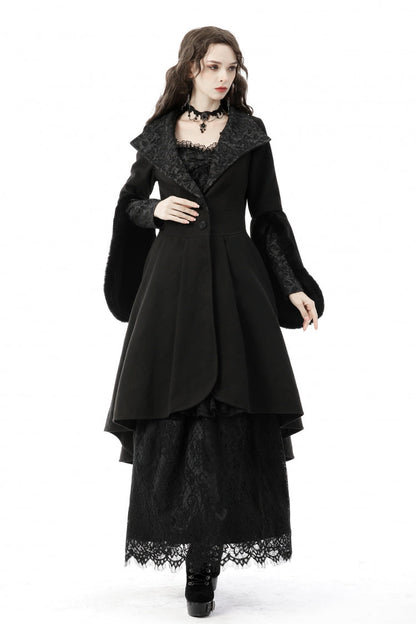 Black Lapel Collar Long Sleeves Women's Gothic High Low Woolen Dovetail Coat with Hood