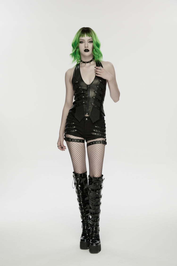 Black Halterneck Slim Studded Zippered Women's Punk Vest
