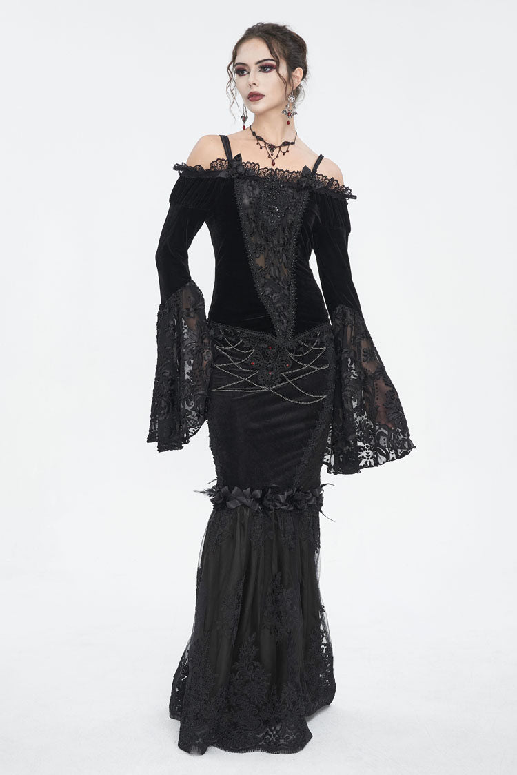 Black High Waisted Embroidery Stitching Lace Women's Gothic Skirt