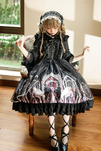 Black Ancient Mythology Angel Wings Print Mesh Stitching Bowknot Ruffled Gothic Lolita Jsk Dress