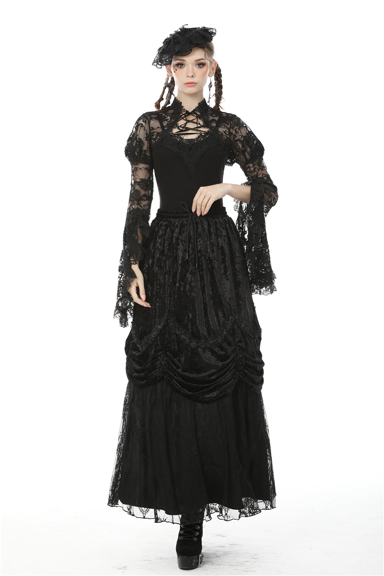 Black Long Puff Sleeves Sheer Floral Lace Lace-Up Women's Gothic Cape