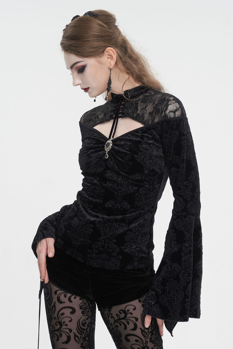 Black Lace Cutout Round Collar Flared Sleeved Floral Embossed Women's Gothic Shirt