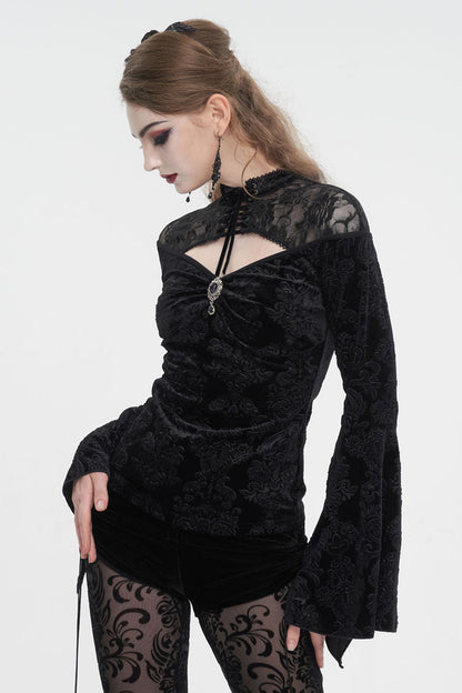 Black Lace Cutout Round Collar Flared Sleeved Floral Embossed Women's Gothic Shirt