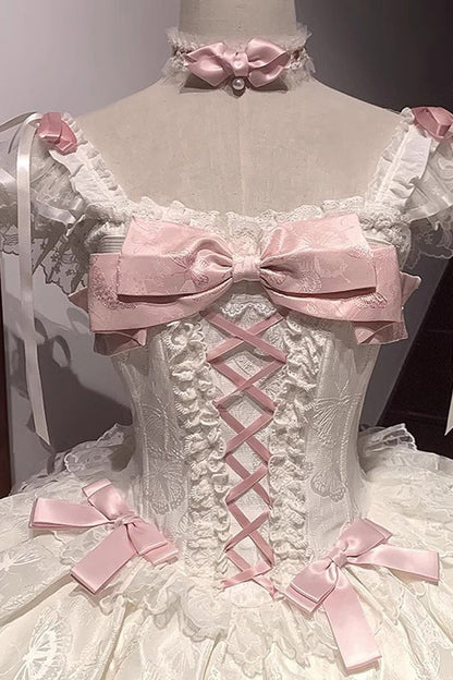 Apricot [Flora Isle Butterfly] Sleeveless Ruffle Bowknot Lace Lace-Up Sweet Elegant Lolita Jsk Dress