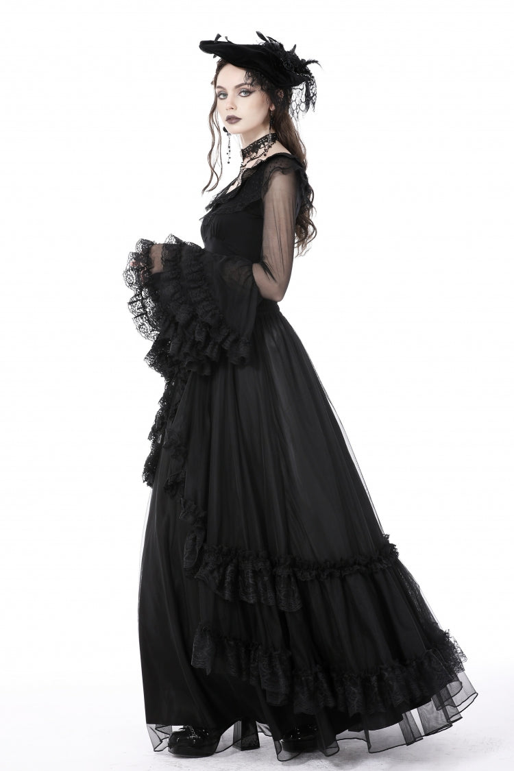 Black Multi-Layered Ruffled Lace Long Trumpet Sleeves Women's Gothic Princess Sexy Top