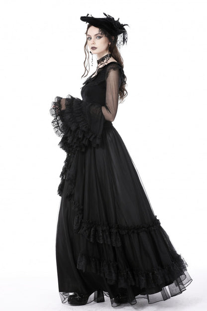 Black Multi-Layered Ruffled Lace Long Trumpet Sleeves Women's Gothic Princess Sexy Top