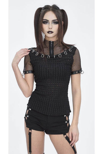 Black Mesh Rings Short Sleeved Womens Punk Top