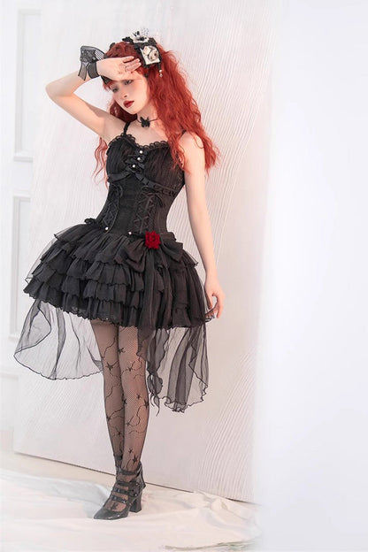 Black High Waisted Multi-layer Rose Bowknot Lace-Up Gothic Lolita Jsk Dress