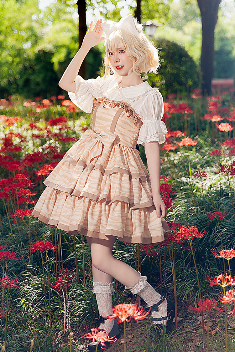 Apricot [Cloth Cat] Triple-Layered Print Ruffle Bowknot Sweet Lolita Dress
