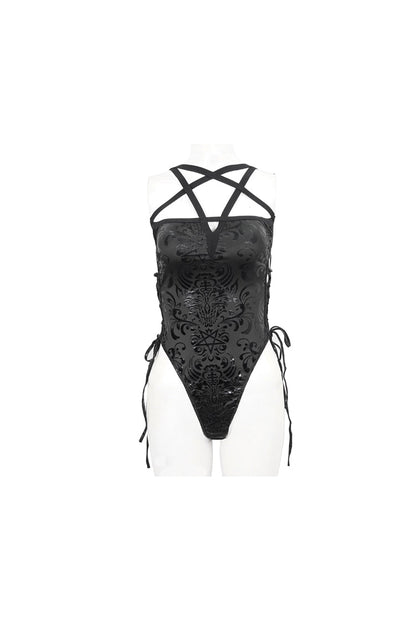 Black Pentagram Print Side Cutout Strap Women's Gothic One Piece Swimsuit