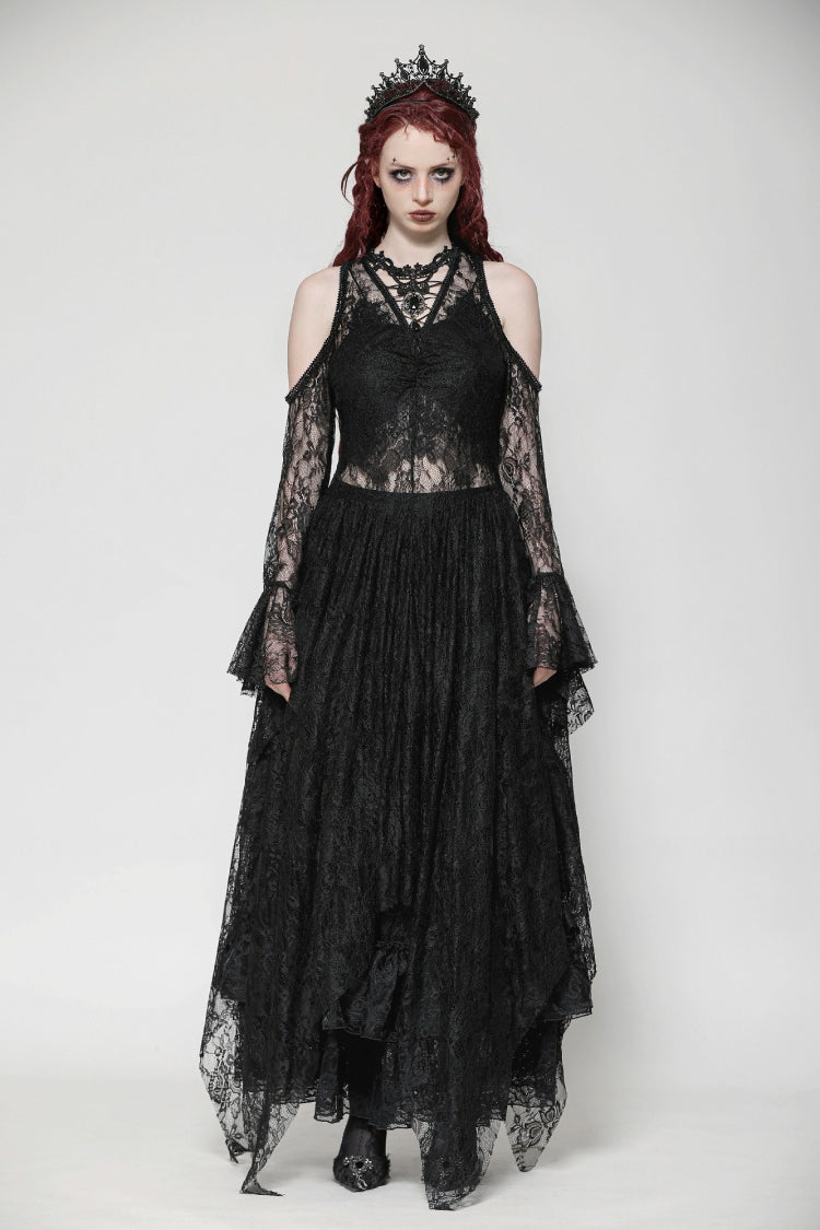 Black Off Shoulder Long Sleeves Women's Gothic Irregular Lace Dress Wedding Dress