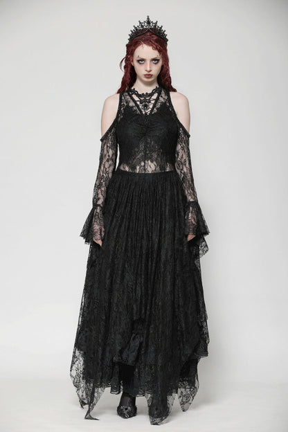 Black Off Shoulder Long Sleeves Women's Gothic Irregular Lace Dress Wedding Dress