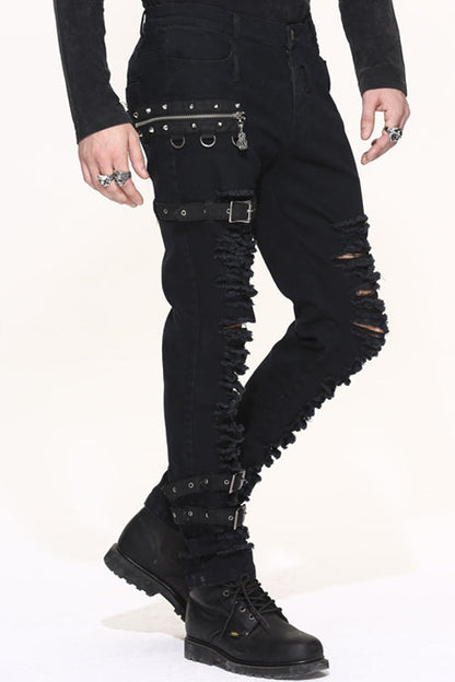 Black Metallic Punk Broken Holes With Loops Mens Pants