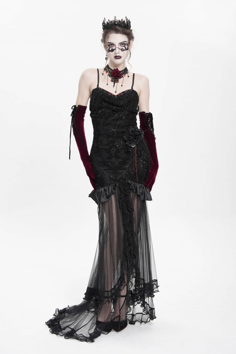 Black Floral Embroidery Mesh Hem Women's Gothic Long Slip Dress