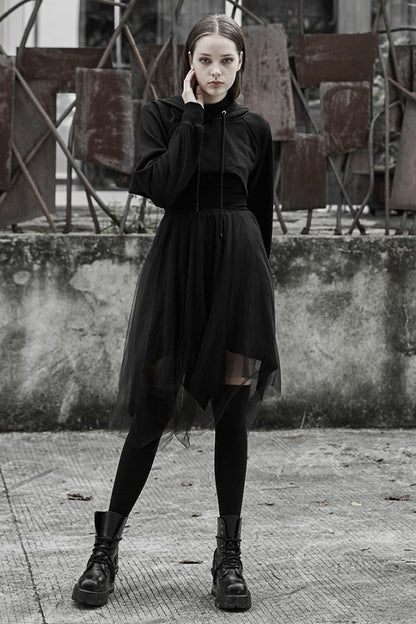 Black Demon Horn Decoration Long Sleeves Lace-Up Hooded Women's Gothic Coat