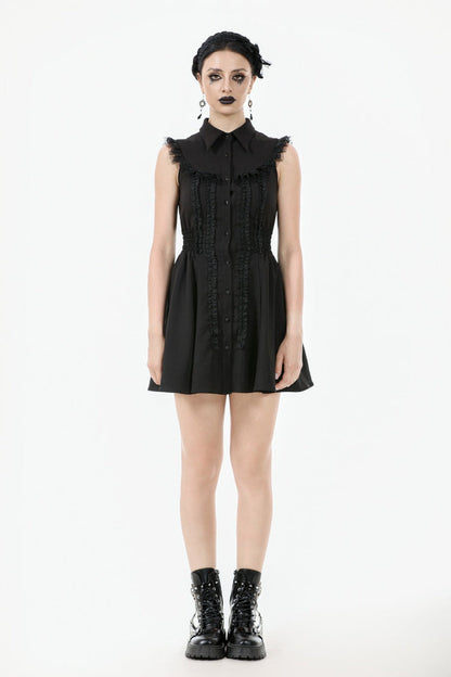 Black Lapel Collar Sleeveless Lace Women's Gothic Button-Front Dress Graduation Dress