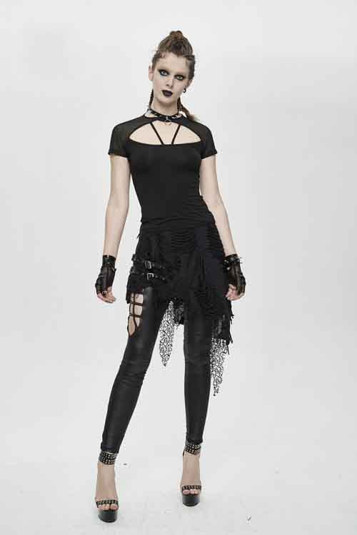 Black Fake Two Pieces Ripped Skirts Sexy Leggings Womens Pants