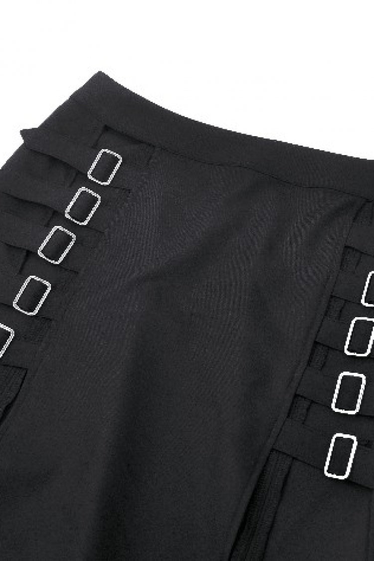 Black Buckled Zippered Women's Punk Side Slit Long Skirt