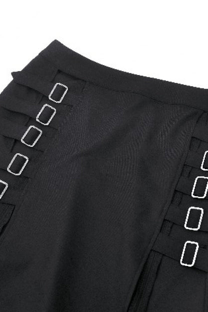 Black Buckled Zippered Women's Punk Side Slit Long Skirt