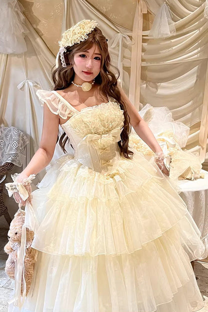 Beige [Mousse Serenade] Triple-Layered Ruffled Hanayome Bow Lace Sweet Princess Lolita Strapless Dress