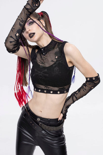 Black Gothic Cotton Knitted Fabric Fake Two-Piece Small Stand Up Collar Patchwork Skull Mesh Super Short Women's Vest