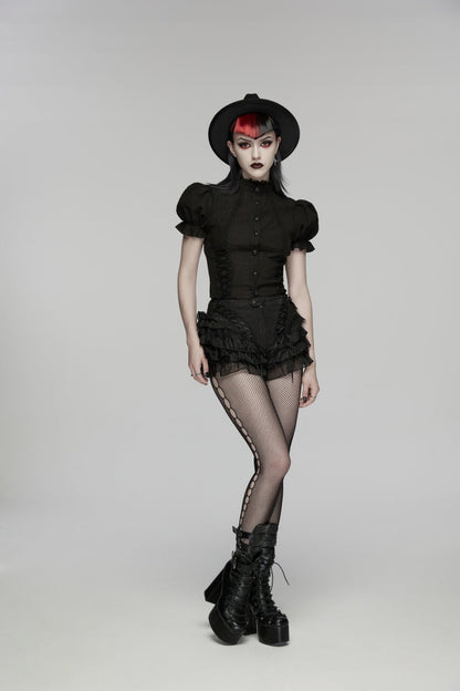 Black Multi-Layered Embroidered Lace Lace-Up Pleated Women's Gothic Shorts
