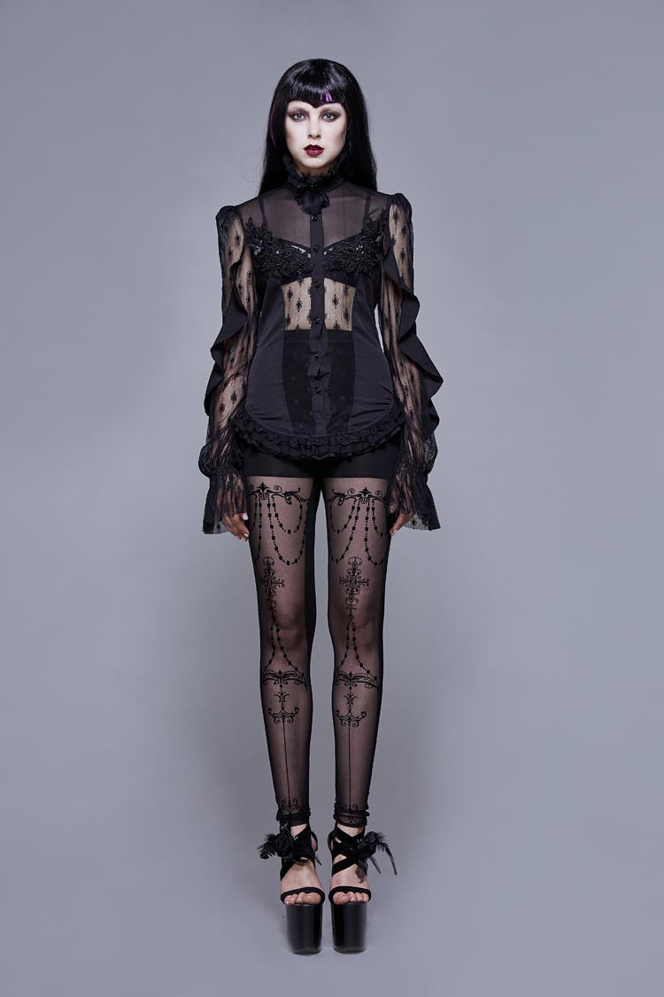 Black Chiffon High Collar Front Chest Beaded Flowers Lace Cuff Back Waist Lace Up Women's Gothic Blouse